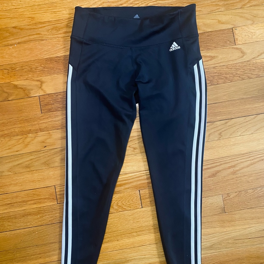 Adidas Climalite Leggings - Ankle Length Black and White Three Stripe Large